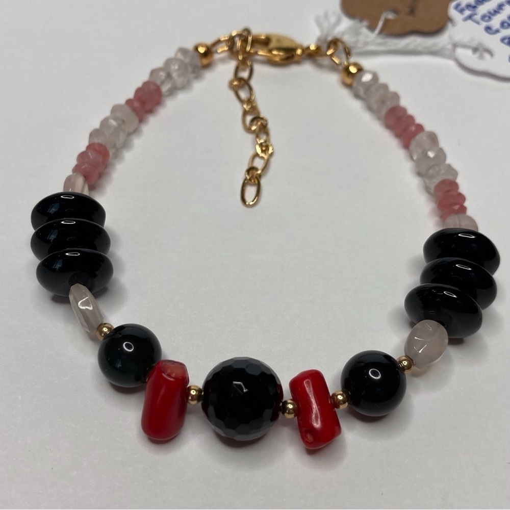 Red Coral, Rhodochrosite & Black Tourmaline Artisan Bracelet